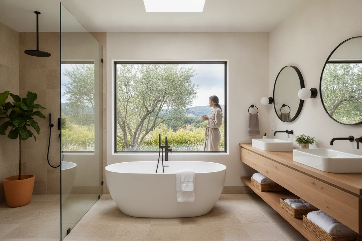 Completed bathroom remodel with tiled walk-in shower